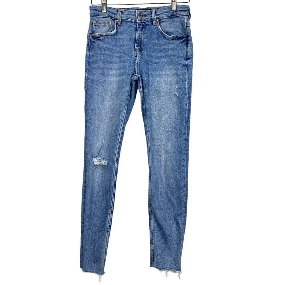 ZARA High Rise Skinny Jeans Light Wash Raw Hem Distressed Stretch Size 6‎ - Picture 2 of 11